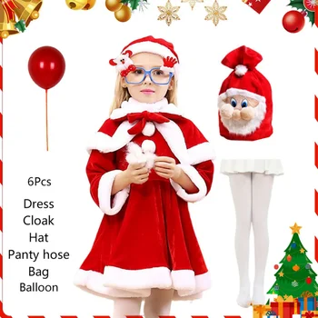 Детский Рождественский косплей Костюм Санта Клауса, Детский Рождественский комплект одежды из 3 предметов, Платье, Брюки, топы, Шляпа, плащ, пояс, Комплект для семейной вечеринки для мальчиков и девочек