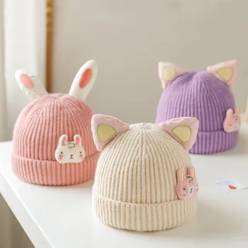 Детская шапка Осень-зима, детские теплые толстые шапки с капюшоном для малышей для мальчиков и девочек, милая вязаная шерстяная мультяшная шапочка для новорожденного ребенка