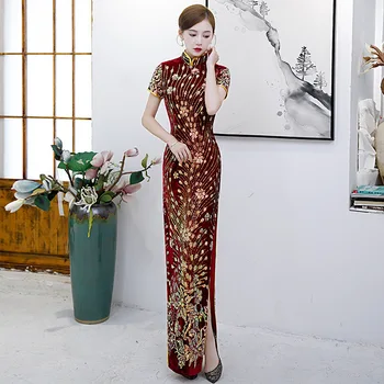 Традиционное женское велюровое платье с вышивкой пайетками, Китайское платье Чонсам, Элегантные женские винтажные бархатные Ципао Оверсайз 5XL