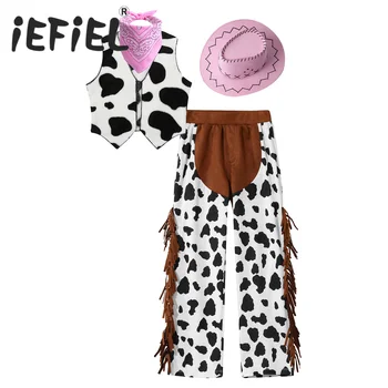 Детский костюм ковбоя-наездницы, жилет без рукавов, жилет с принтом коровы, топы со штанами, бандана и шляпа для вечеринки на Хэллоуин