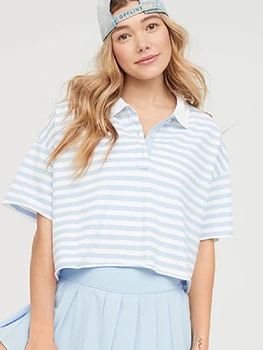  Женская рубашка, летний спортивный топ в полоску с отворотом, теннисная футболка с короткими рукавами для бега, ветровка для фитнеса, женская спортивная одежда