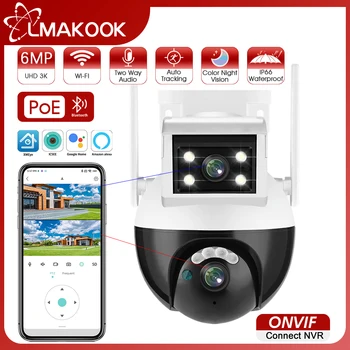 LMAKOOK 6-Мегапиксельная Двухобъективная PTZ WIFI Камера С Двойным Экраном Ai Human Tracking Outdoor POE Security CCTV IP-Камера Видеонаблюдения ICSEE PRO