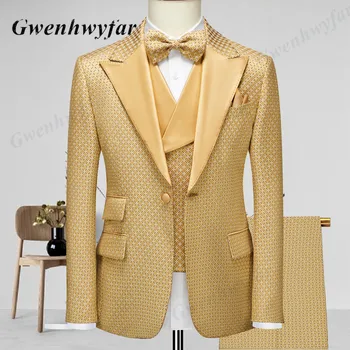 Мужские костюмы с пшенично-золотыми узорами Gwenhwyfar для осенних вечеринок 2022 года Включают простой блейзер с золотыми отворотами, жилет с узкими брюками