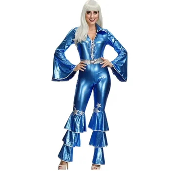 Хэллоуин, карнавальная вечеринка 60-х 70-х, комбинезон диско-дивы, костюм певицы из лакированной кожи, синее маскарадное платье