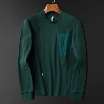 Модный дизайн высокого класса, мужской свитер с круглым вырезом в стиле пэчворк 2023, весенне-осенняя однотонная корейская повседневная футболка с длинными рукавами