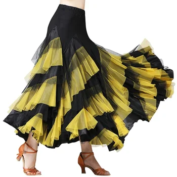 Современная юбка для бальных танцев с большими колебаниями Для женщин, Элегантное атласное многослойное платье для латиноамериканских танцев, подходящее по цвету к вальсу, танго