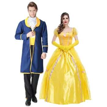 Желтое платье принцессы для красавицы и чудовища на Хэллоуин, костюм пары принцев, костюмы красавицы для взрослых, сценическое шоу, маскарадное платье для вечеринки
