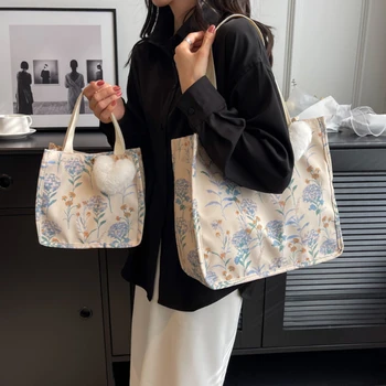 Женские сумки через плечо с цветочным принтом Модные сумки для покупок 2024 года, большая вместительная сумка для студенток, Холщовая сумка-книжка с подвеской
