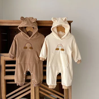 Детские ползунки, комбинезоны с капюшоном, осенне-зимняя теплая одежда для новорожденных, спальный мешок с длинными рукавами, расшитый радугой, для девочек
