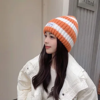 Тканевая этикетка в корейском стиле, соответствующая цвету вязаная шапка, женская осенне-зимняя одежда в японском стиле, универсальная, утолщенная, теплая, устойчивая к холоду