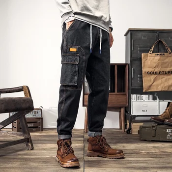 Осенне-зимние ретро брюки-карго, джинсы, мужская уличная одежда, прямые джоггеры с завязками, хлопковые джинсовые брюки, большие размеры 7xl 8xl