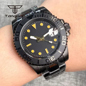 Мужские автоматические наручные часы Tandorio NH35A Dress Black PVD 40 мм, керамический вращающийся безель, Сапфировое стекло, индикация даты, заводная головка.