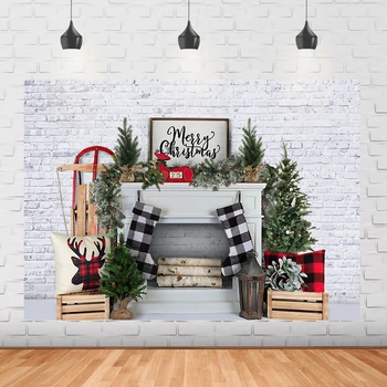 Рождественская белая стена кирпичный фон камин Рождественская елка носки доска игрушки плакат фон для фотосессии