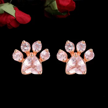 Новые серьги в форме собачьей лапы из розового золота для женщин, модные блестящие серьги-гвоздики с розовым фианитным камнем, маленькие медвежьи когти в виде животных