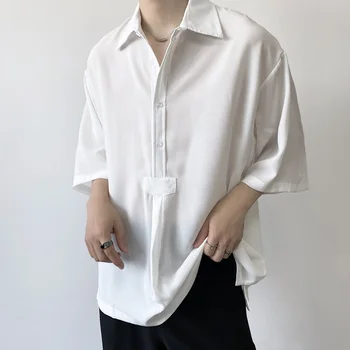 2022 летний Корейский стиль, Пуловер с лацканами, дизайнерские льняные рубашки, Мужские повседневные свободные льняные Рубашки с коротким рукавом для Мужчин M-XL