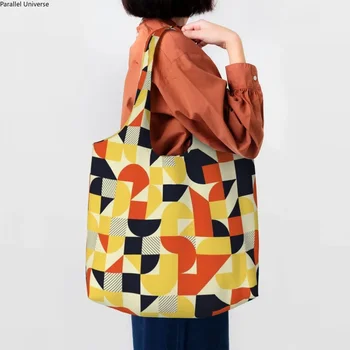 Цветной блок Bauhaus Геометрическая линия Современная сумка для покупок многоразового использования Минималистичные продукты Холщовая сумка для покупок через плечо Сумки