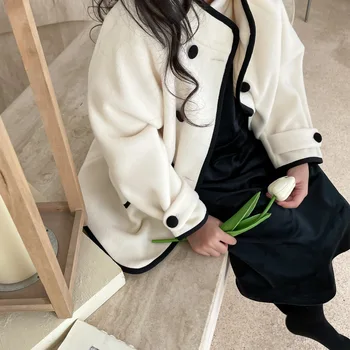 Топ для девочек, новое Осенне-Зимнее однотонное Шерстяное пальто в Корейском модном стиле, флисовый тренч для маленьких девочек, верхняя одежда, детская одежда