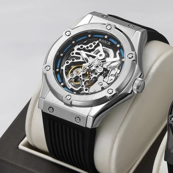 BOUX Новый дизайн, часы с полной полостью, спортивный силиконовый ремешок, автоматические мужские часы, Водонепроницаемые механические наручные часы со скелетом
