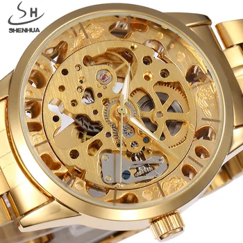 Автоматические механические часы Мужские Золотые часы люксового бренда SHENHUA, мужские часы-скелет из нержавеющей стали, модные Relogio Masculino