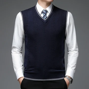 Новый осенний Модный бренд, однотонный пуловер из 6% шерсти, свитер, вязаный жилет с V-образным вырезом, мужская модная повседневная одежда без рукавов, высококачественная мужская одежда