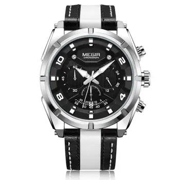 MEGIR Модные мужские кварцевые часы с хронографом, кожаный ремешок, светящиеся стрелки, 24-часовые Спортивные аналоговые наручные часы для мужчин 2076 НОВИНКА