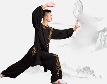 Унисекс вышивка тотем дракона костюмы Вин чун тай читайдзи кунг фу униформа для выступлений боевые искусства ушу одежда черного цвета
