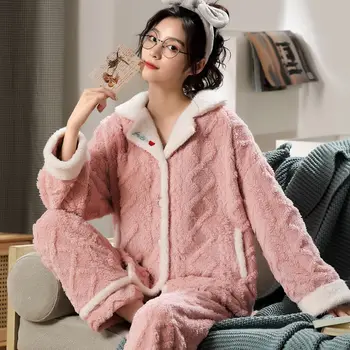 Мягкая пижама Женская Зимняя с длинными рукавами, теплая, утепленная, свободная домашняя одежда, сексуальный пижамный костюм, Пижама женская