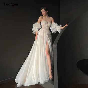 Свадебные платья Toofgon из нежного бисера, блестящий тюль, съемные рукава наполовину, свадебное платье невесты с высоким разрезом, вечерние свадебные платья
