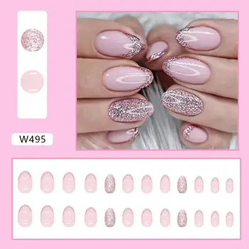 24 шт. длинных овальных французских розовых накладных ногтей, блестящих, с полным покрытием, накладных на ногти, съемных