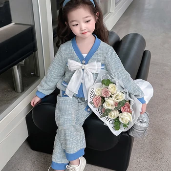 Корейский весенний костюм для девочек, комплекты с большим бантом, Синий, Маленький, Ароматный Ветер, Осенний комплект из двух предметов, комплект верхней и нижней одежды для девочек