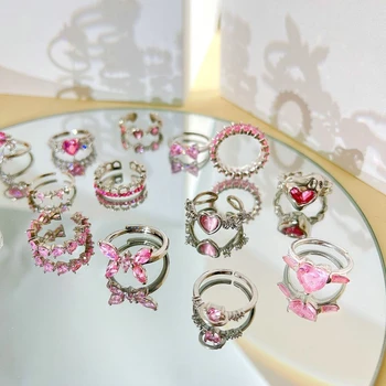 Кольца с розовым кристаллом для девочек Романтическое кольцо с бантом в виде сердца Y2k Sweet Cool Zircon Love Открытые кольца на палец Модные украшения для вечеринок Подарки