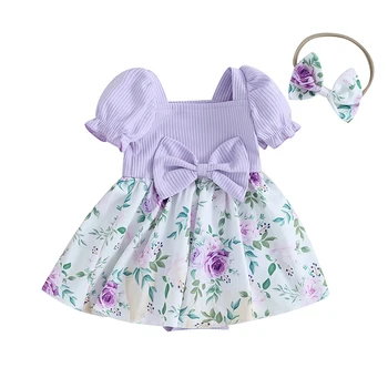 Комплект одежды из 2 предметов для маленьких девочек, платье-комбинезон с цветочным принтом и коротким рукавом, милая повязка на голову, комплект летней одежды