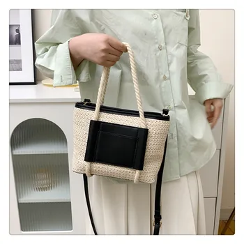 Модная милая соломенная сумка-ведро Простая хлопковая веревочная сумка через плечо из 100 % хлопка, трендовая пляжная сумка 2023, новый стиль, Женская сумка для девочек