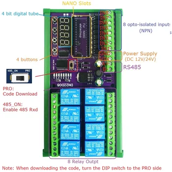 8-канальный 12 В 24 В Модуль релейного щита RS485 PLC IO Расширительная плата для Arduino NANO V3.0