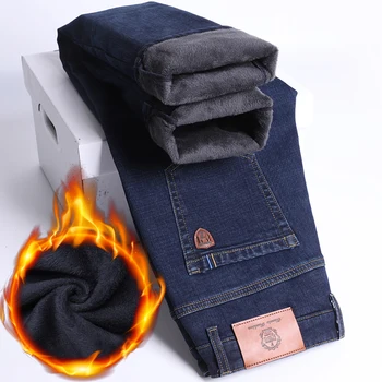 Утепленные зимние мужские модные теплые джинсы, Новый стиль, деловые прямые узкие джинсовые брюки из синего флиса, мужские теплые повседневные брюки
