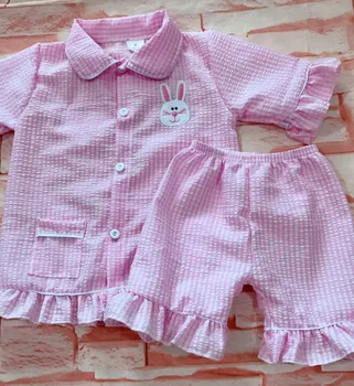 Комплект одежды с короткими рукавами для маленьких девочек и мальчиков, пижамы с вышивкой кролика, детская летняя Пасхальная одежда