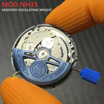 Модное оригинальное движение NH35, модифицированный синий Колеблющийся Весовой ротор, 24 драгоценных камня, Автоматическое Механическое движение, Молоток по индивидуальному заказу NH35A