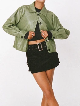 Женская укороченная куртка из искусственной кожи, повседневный однотонный кардиган на пуговицах с длинным рукавом, осеннее короткое пальто для мотоциклистов, байкеров