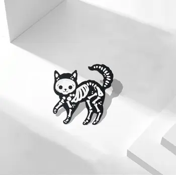 Эмалированная булавка со скелетом кошки, брошь в стиле панк, блестящий значок темного кота, сумка, булавка на лацкане одежды, Забавные украшения в виде животных, подарок для друзей