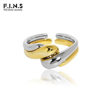 F.I.N.S Минималистичный Волнистый Гладкий S925 Стерлингового серебра Золотое открытое кольцо, Штабелируемое, регулируемое на среднем пальце своими руками, модные ювелирные изделия