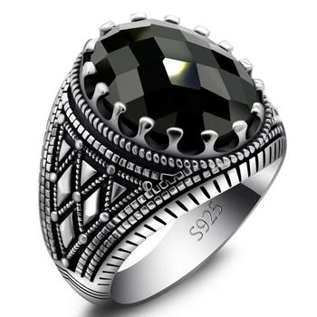 Настоящий Серебряный панк мужские кольца, 925 серебряный браслет овальные натуральный черный кубический Циркон проверка конструкции Турции кольца ювелирные изделия подарок