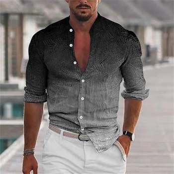 Новые мужские рубашки с плавным воротником-стойкой и пуговицами с 3D-принтом black ruby с длинными рукавами - модные и дышащие.