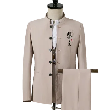 Традиционный Китайский стиль, Мужской костюм со стоячим воротником, пальто, куртка с длинным рукавом, Брюки, 2 предмета, Офисная одежда, Брюки