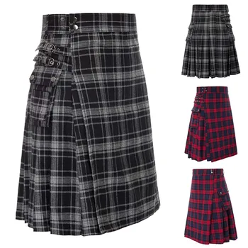 Мужская клетчатая плиссированная юбка, Шотландские мужские традиционные костюмы, юбки для сценических выступлений, клубная одежда с поясом, Ретро Повседневная юбка