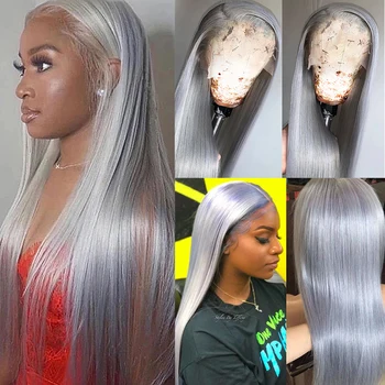 34-дюймовый парик с прямыми кружевами размером 13x4 спереди, серебристо-серый парик из человеческих волос для женщин, Бразильский HD Прозрачный парик с кружевами размером 4x4 спереди