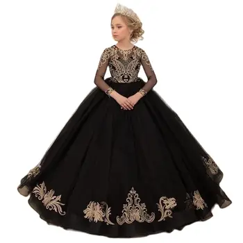 Черное платье в цветочек для девочек с золотыми аппликациями, платья для Первого Святого Причастия, праздничные платья длиной до пола для девочек