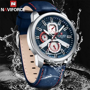 Мужские наручные часы NAVIFORCE, лучший бренд, роскошные водонепроницаемые мужские часы, синяя натуральная кожа, спортивные, военные, Дата, кварцевые мужские часы 9211