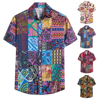 Винтажные этнические рубашки для мужчин, модная гавайская рубашка с коротким рукавом, повседневная блузка с принтом, рубашка, летняя мужская одежда большого размера