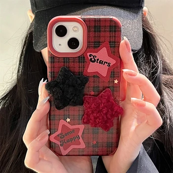 Мягкий чехол Y2K Korea INS из 3D плюшевой ткани в шотландскую клетку со звездами для iPhone 15 14 Pro Max 13 12 Pro 11 Spice Girl, противоударный чехол