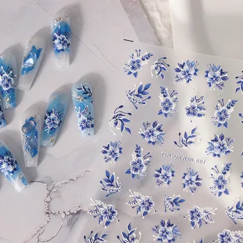 5D Сине-белые цветы, рельефные наклейки для ногтей, 5D Цветочные Текстурированные клейкие наклейки, Слайдеры для маникюра с гравировкой сделай Сам